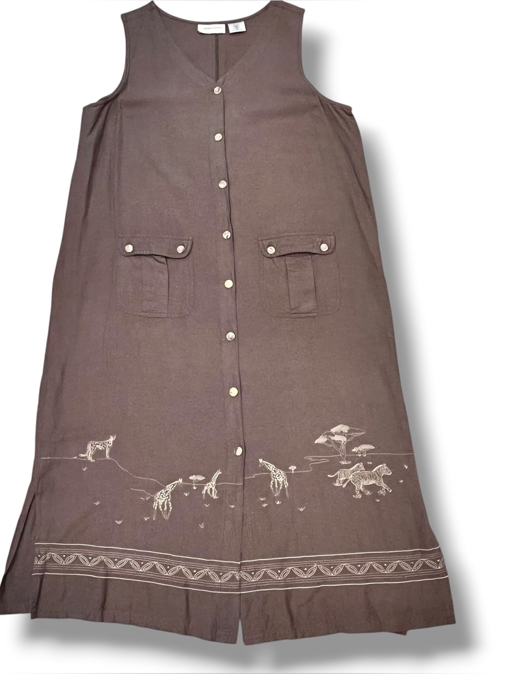 VTG 90s Lemon Grass Dress XL Linen Sundress Button Front Embroidered Safari D-1